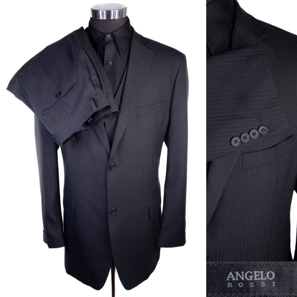 ANGELO ROSSI 3-Pcs Striped Black Suit Jacket Blazer Sz 46L Pants 38X30